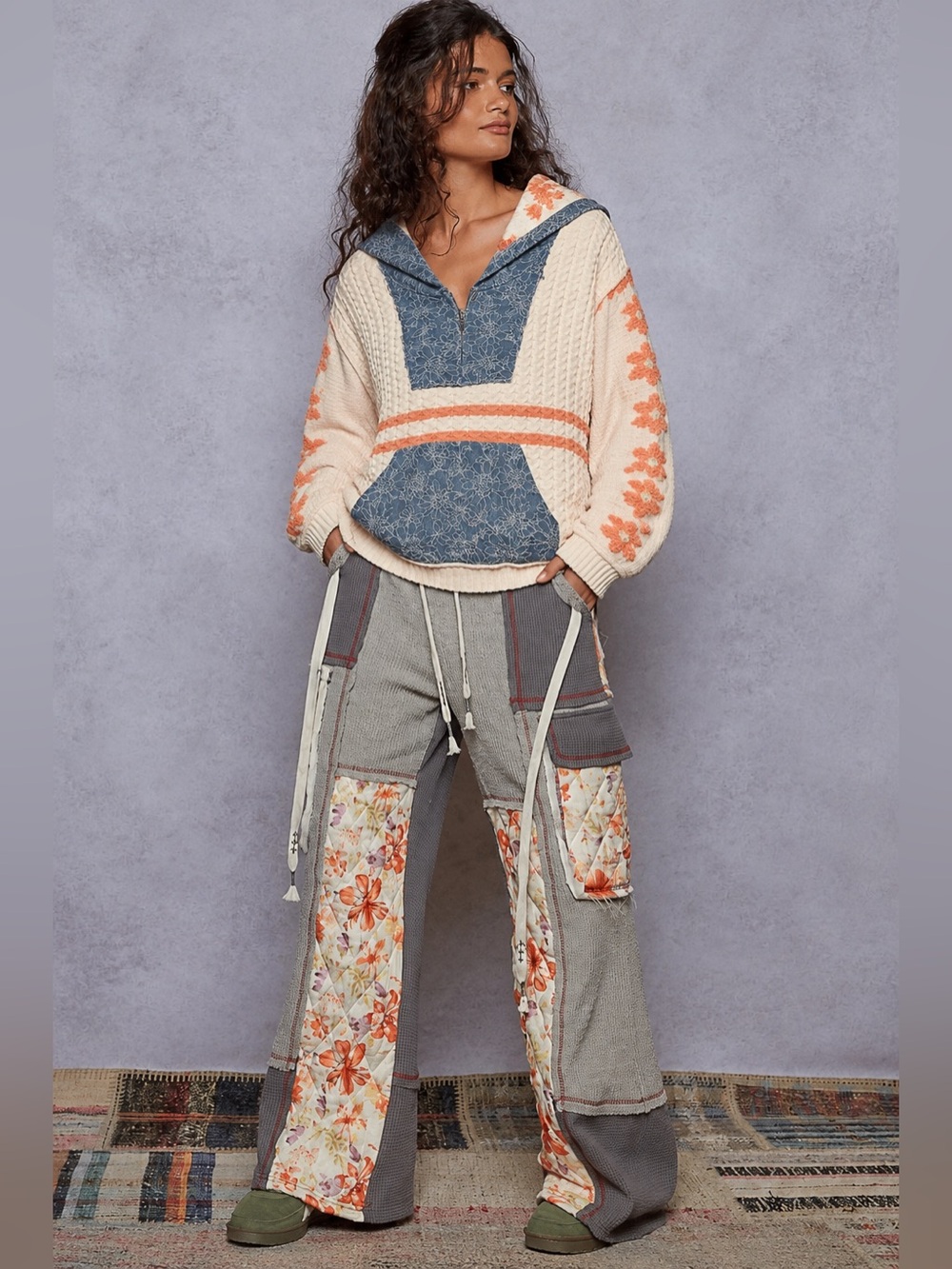 POL Boho Chic Floral Patchwork Cable Knit and Denim Kangaroo pocket Hoodie Sz Sm